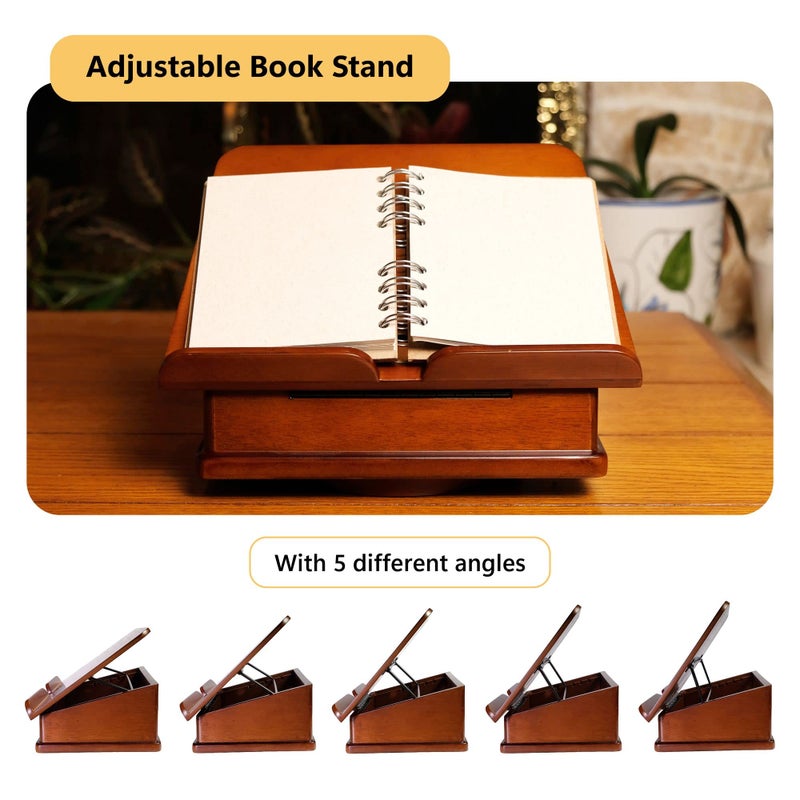 Art Lins Wooden Book Stand for Cookbook Textbook and Tablet, Adjustable Angles, Spacious Storage Case, Carousel Base (Dark Cherry) - Image 5